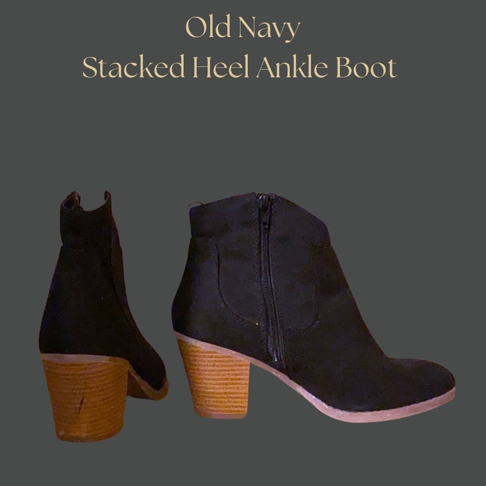 Old Navy Black Leather Stacked Heel Booties